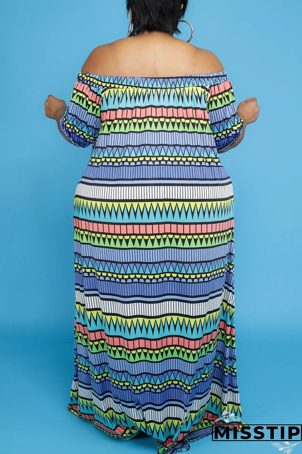 Blue Casual Print Patchwork Off the Shoulder Straight Plus Size Dresses