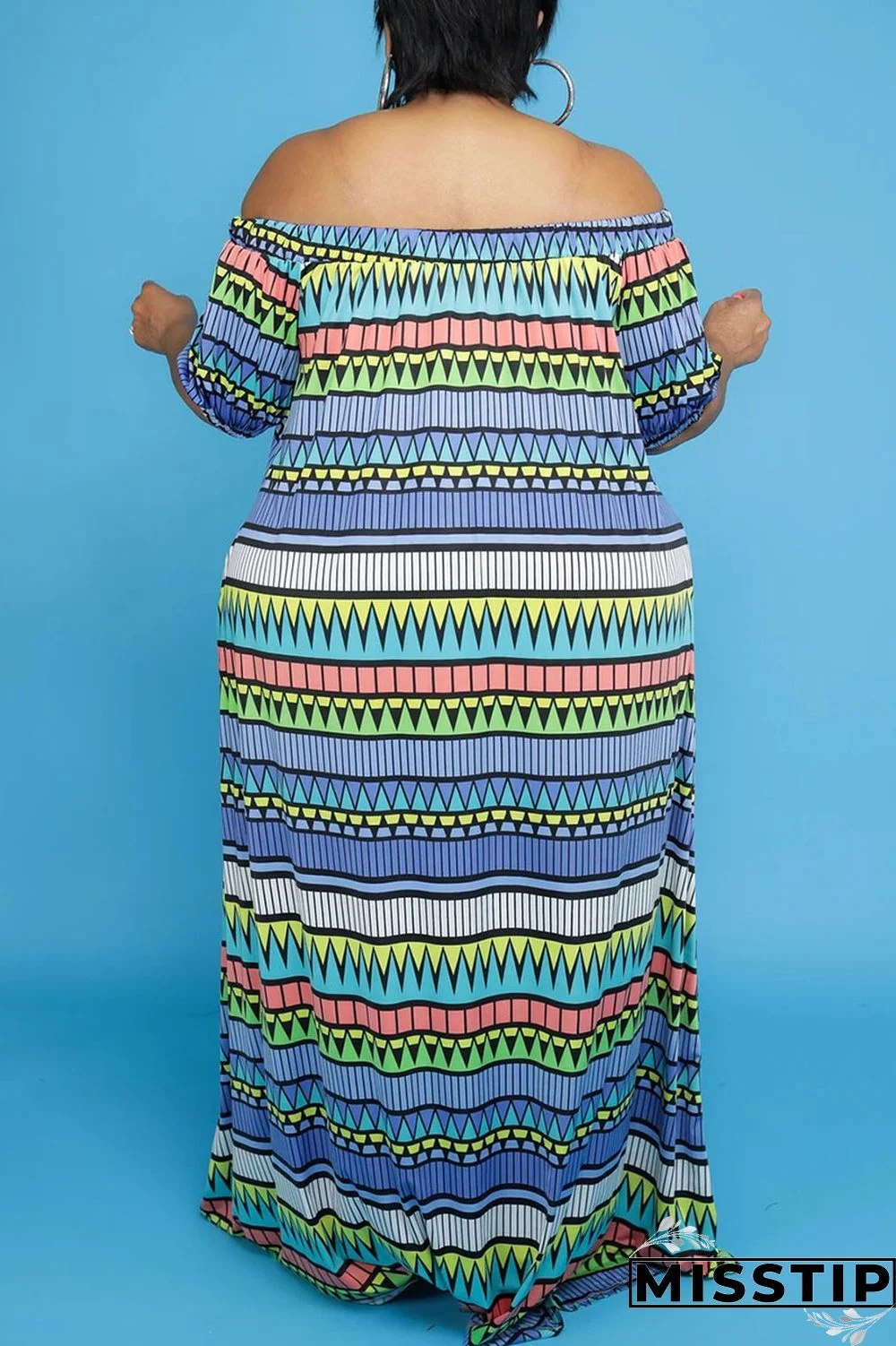 Blue Casual Print Patchwork Off the Shoulder Straight Plus Size Dresses