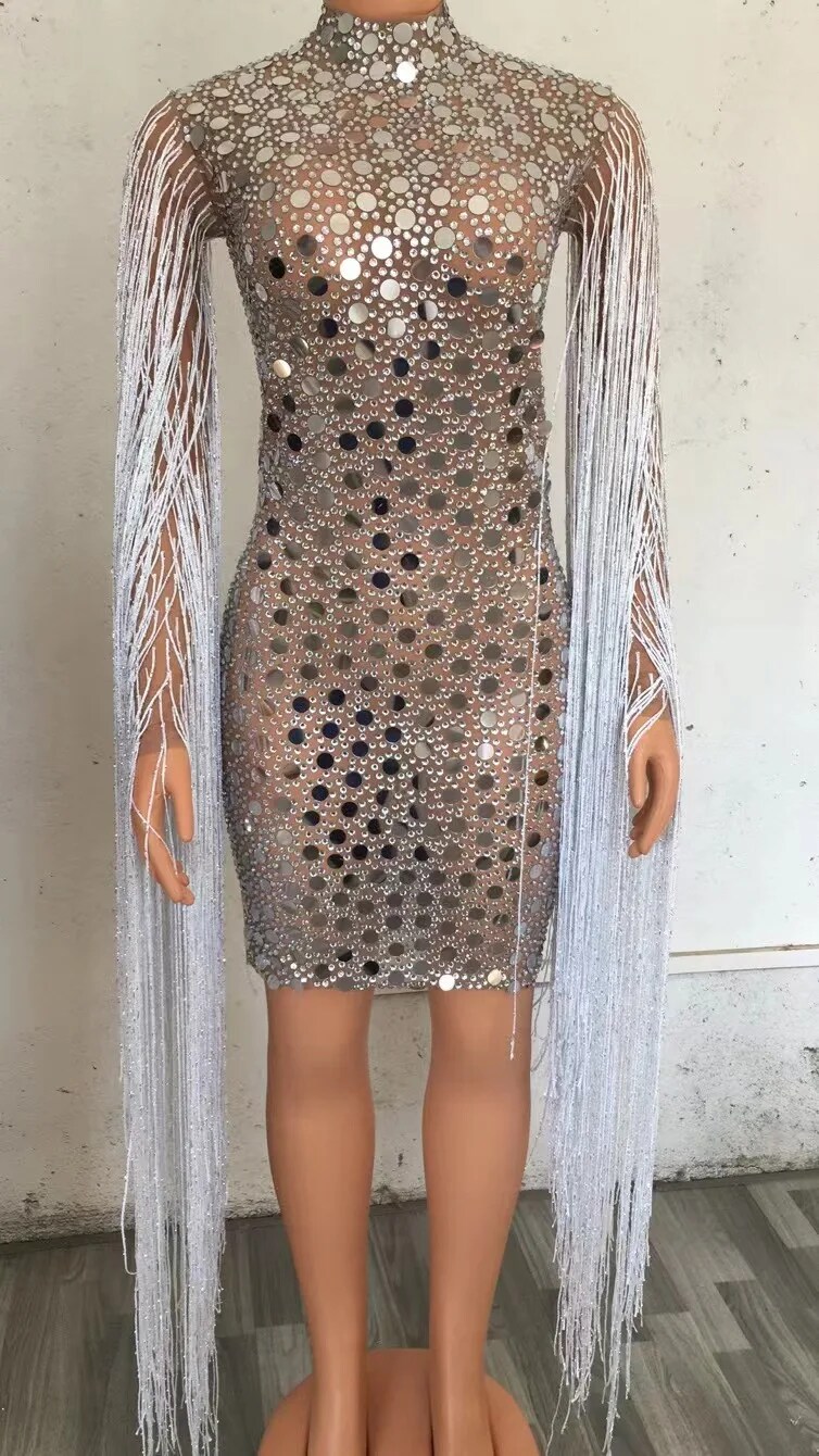 VCSHOES Sparkly Sequined Crystals Tassel Sleeve Short Dress Women Birthday Celebrate Party Dress Mesh Transparent Stage Show Wear