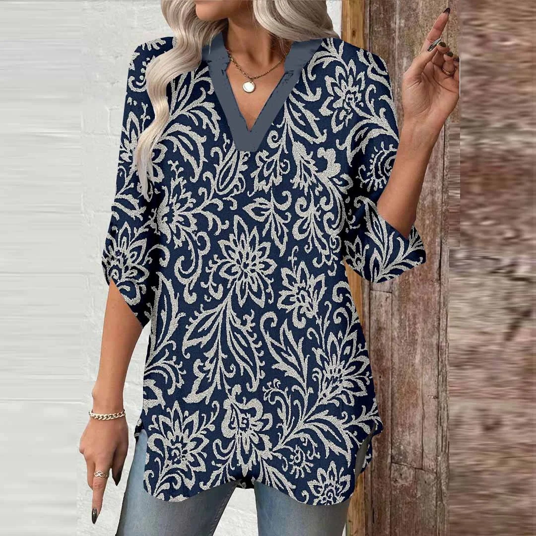 Women Floral, Black DZGA0206 3/4 Sleeve V-neck Printed Graphic Button Tops