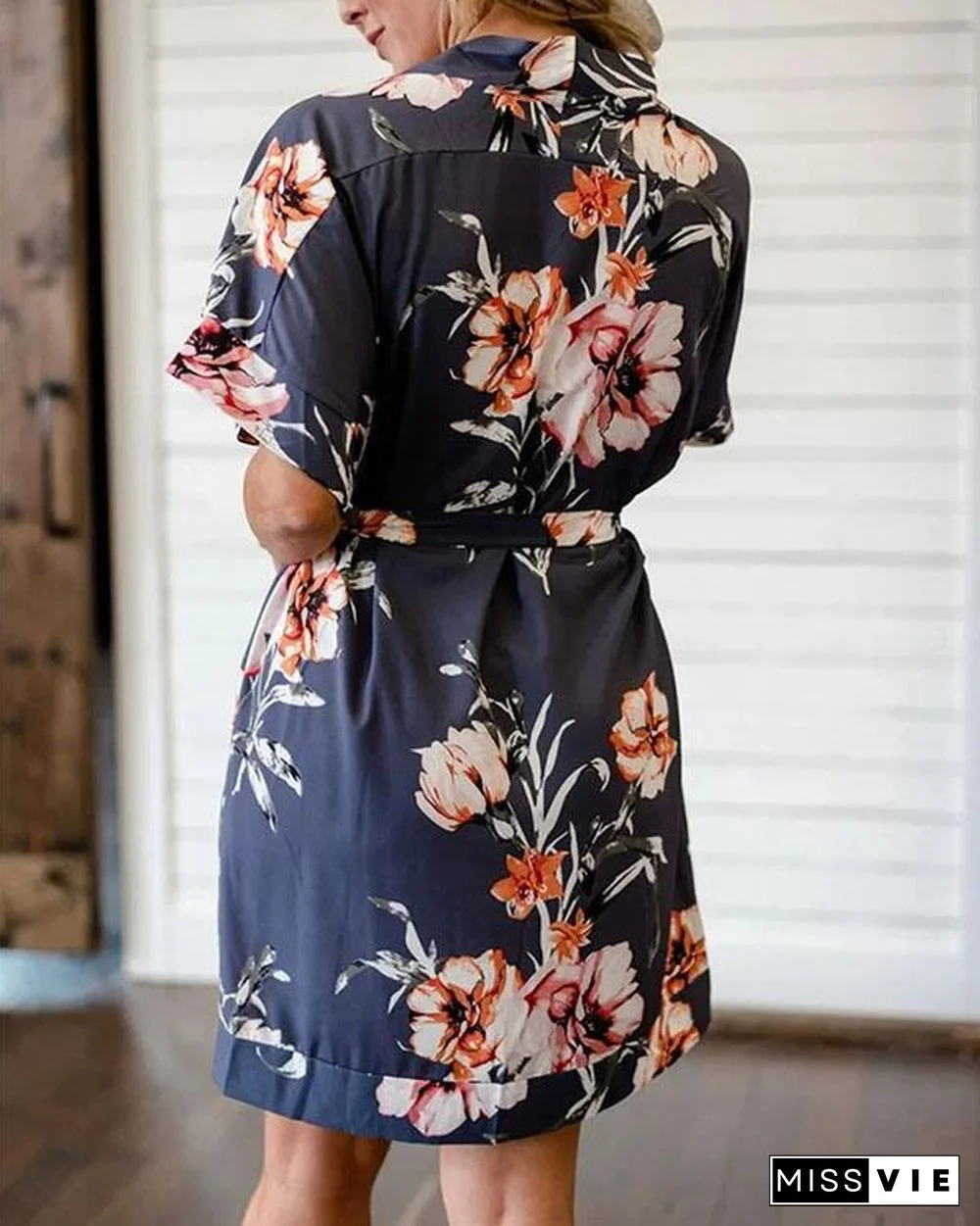 Short Sleeve Floral Leaf Print Dress
