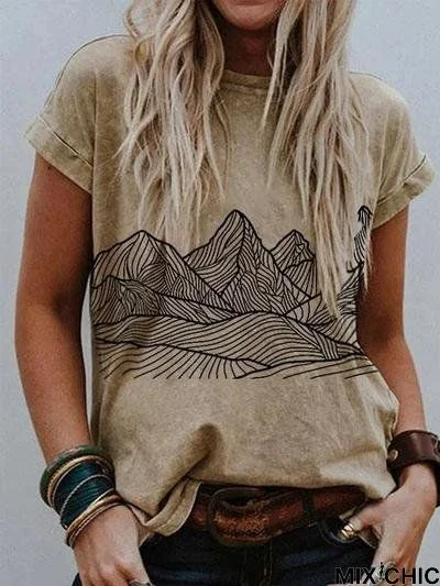 Ladies mountain scenery printing Tee