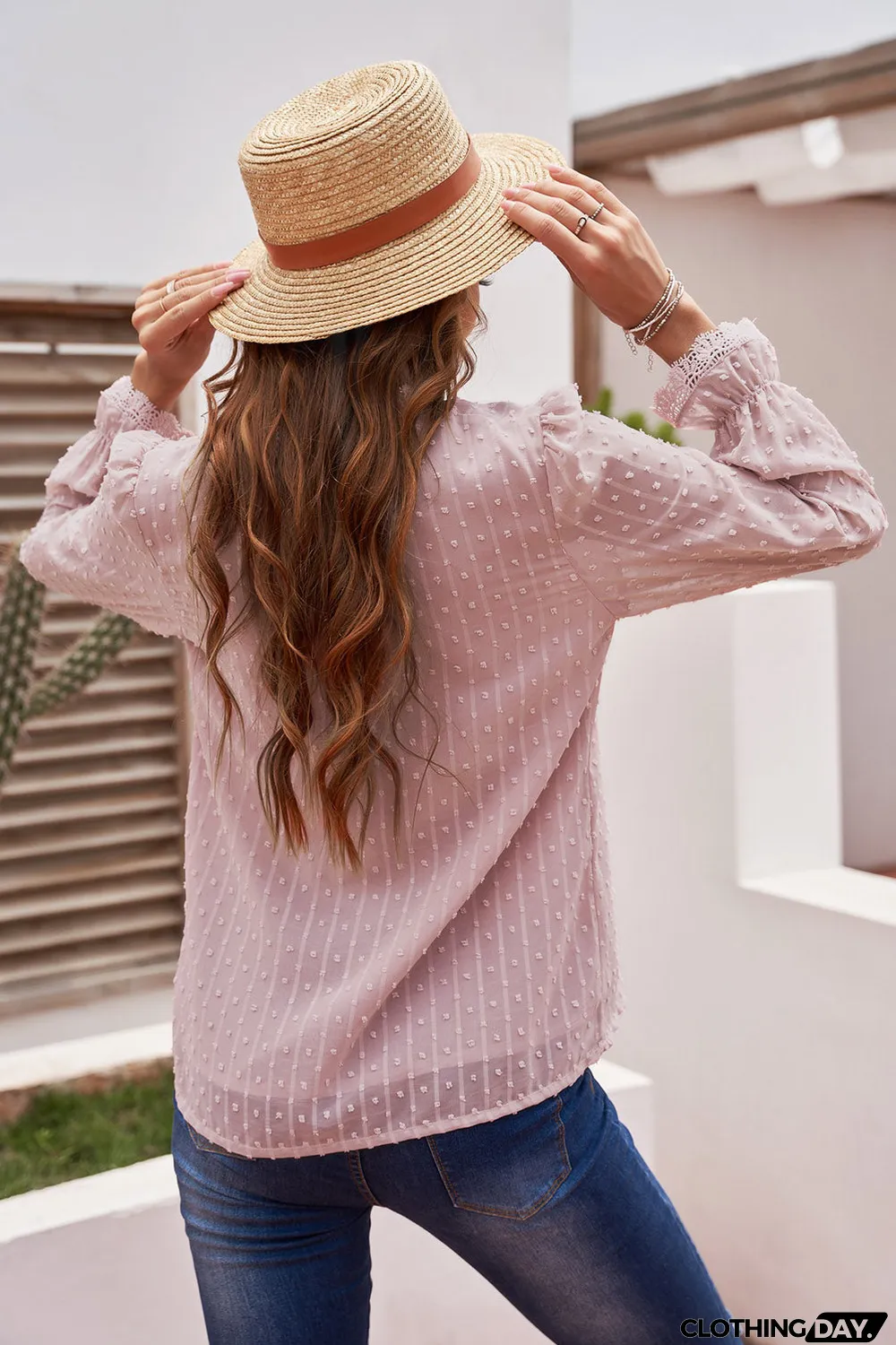 Elegant V-Neck Swiss Dot Lace Blouse