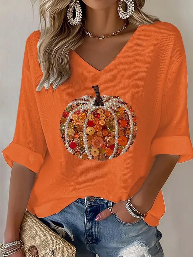 Women's Casual Autumn Pumpkin Waffle Long Sleeve T-shirt 