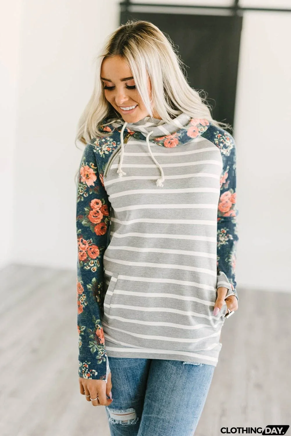 Striped Floral Print Long Sleeve Zipper Hoodie