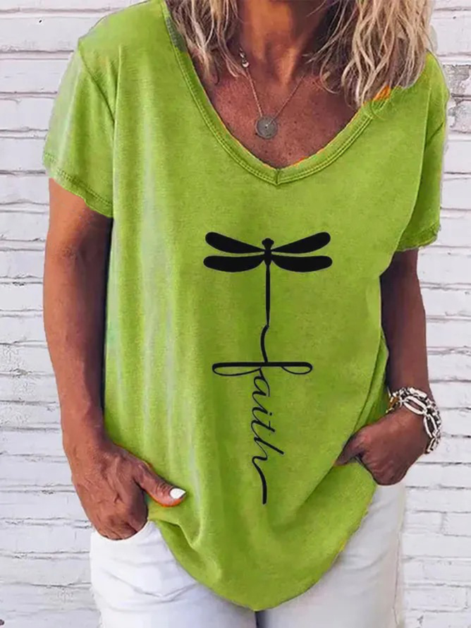 Green Casual Letter V Neck Cotton Shirts & Tops