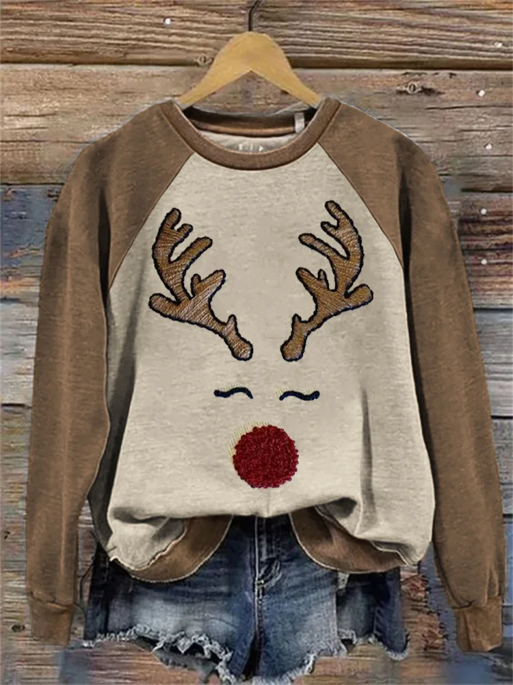 Christmas Reindeer Face Embroidery Raglan Sweatshirt