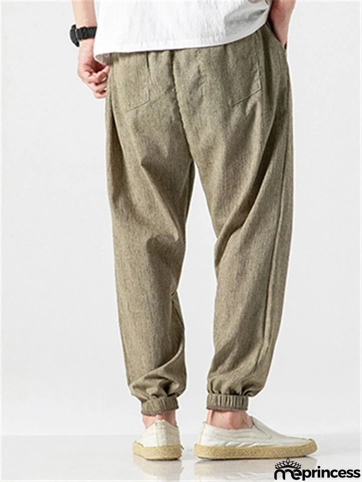Men Cotton Linen Lightweight Drawstring Pants