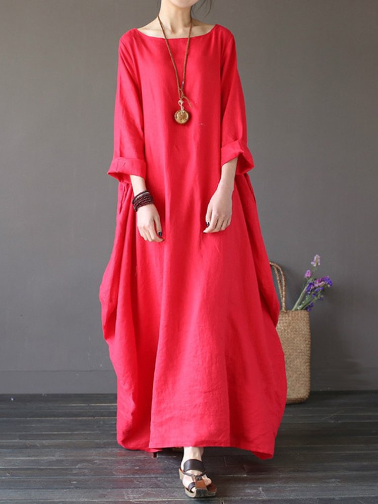 2022 ZANZEA Womens Crewneck 3/4 Sleeve Baggy Maxi Long Shirt Dress Casual Party Kaftan Solid Robe Vestido Dresses - BlackFridayBuys