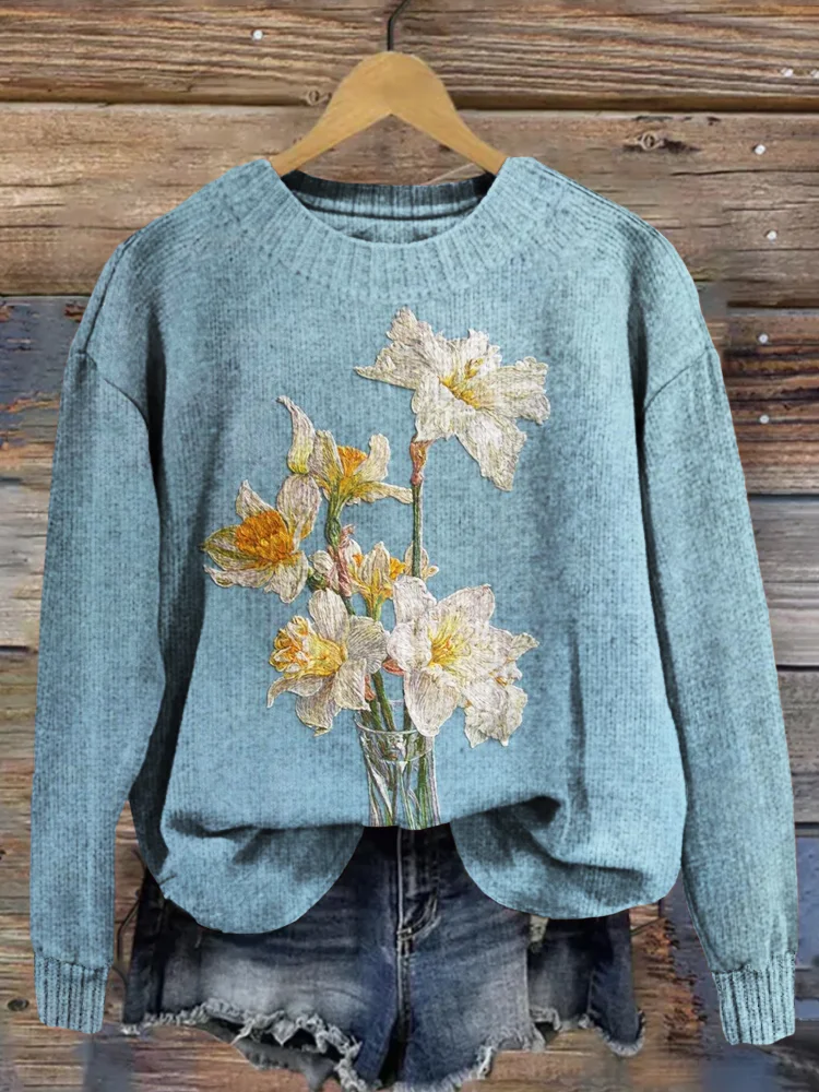 Beautiful Flowers Embroidery Art Cozy Knit Sweater