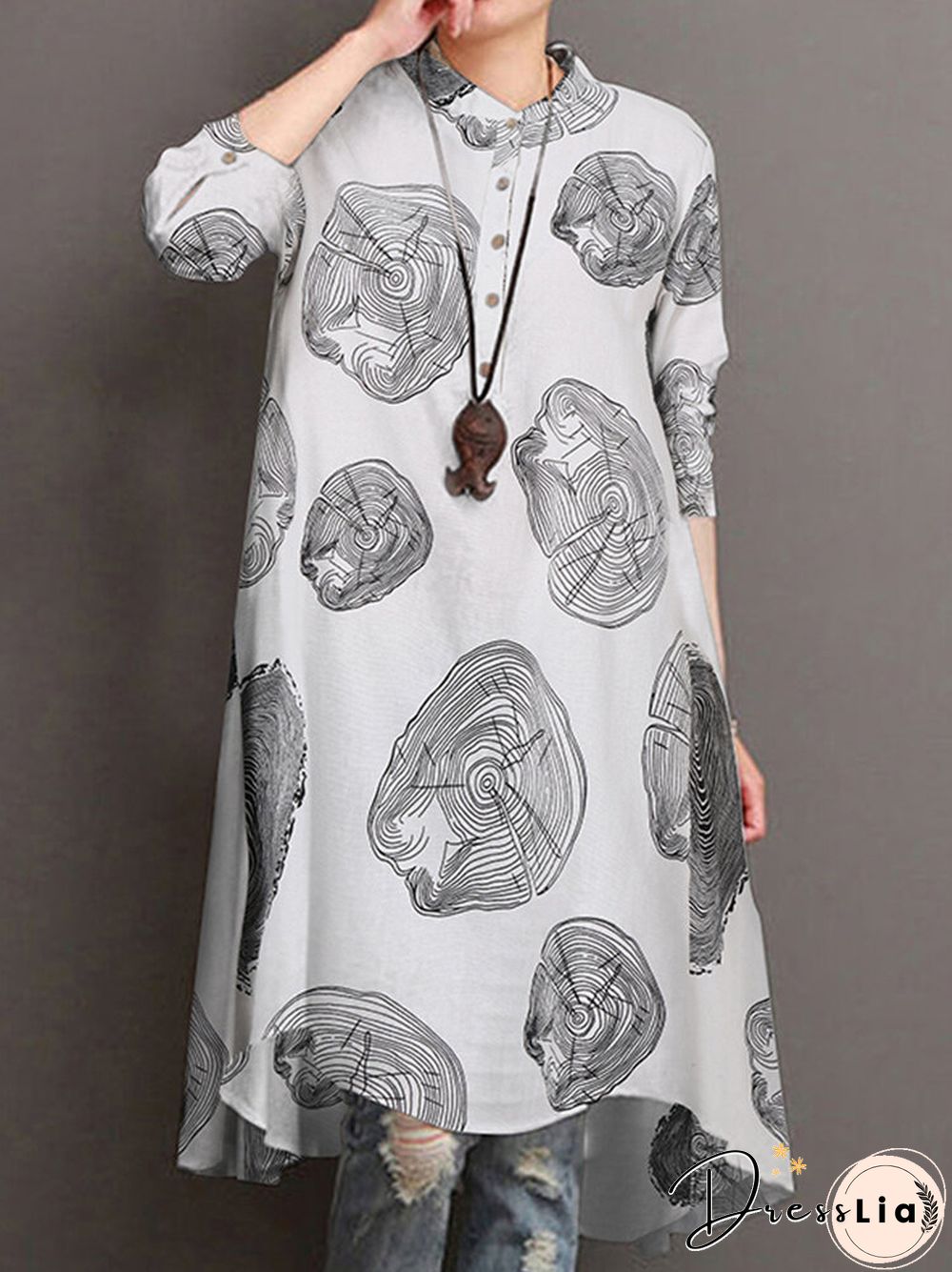 Casual Printed Stand Collar Long Sleeve Cotton Blouse