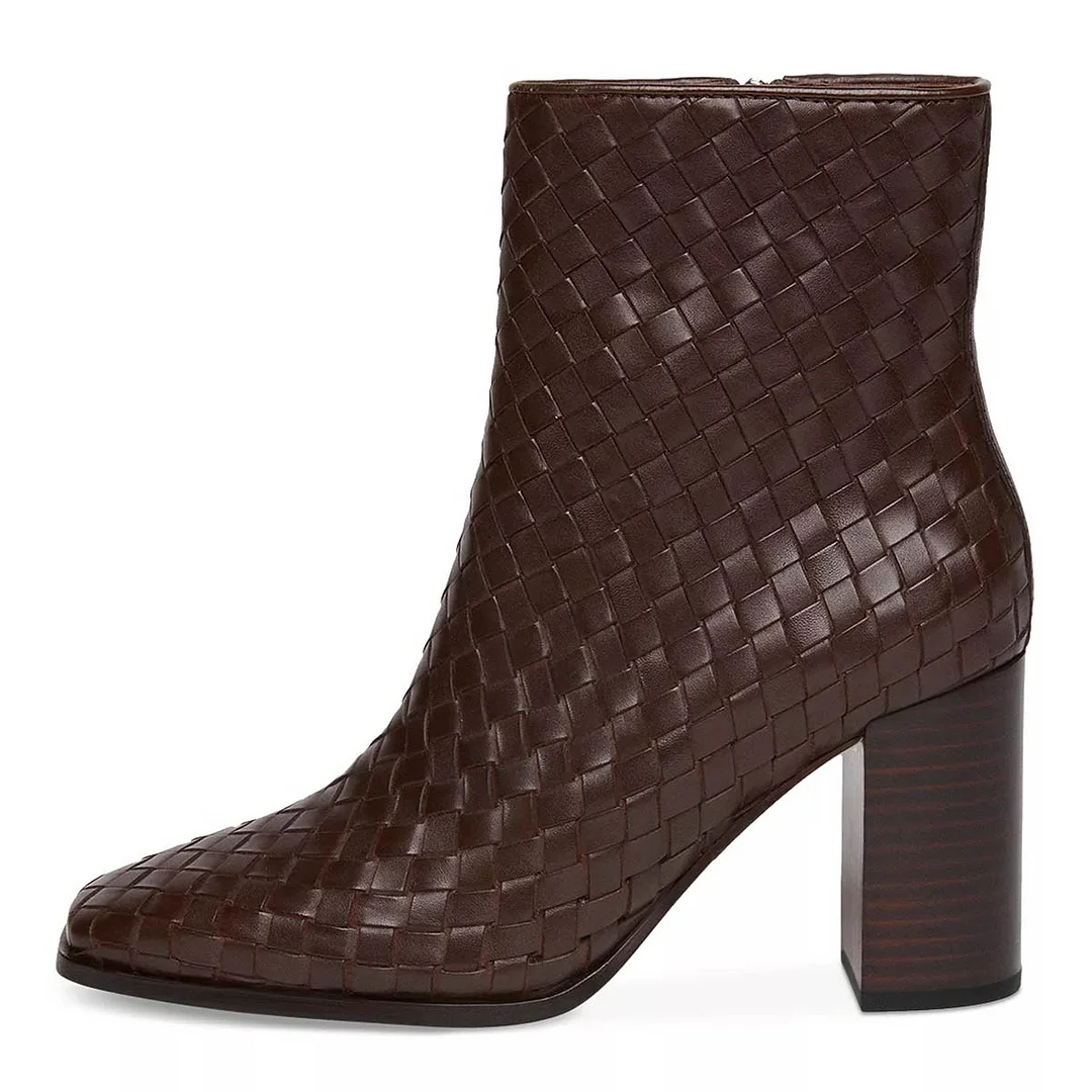 Chic Brown Woven Square Toe Chunky Heel Zipper Booties for Women