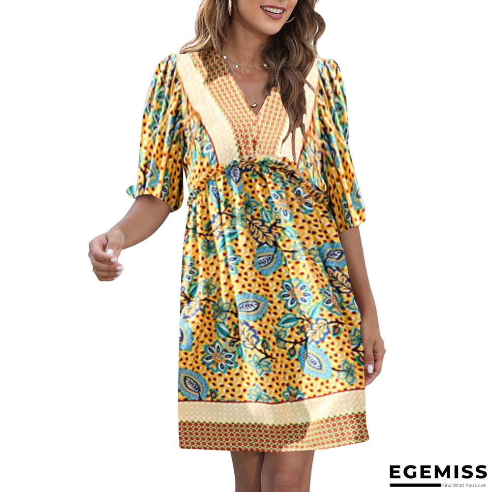 Bohemian Print V-neck Bubble Sleeve Big Swing National Style Dress Women's Wear | EGEMISS