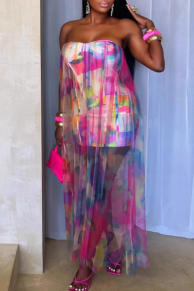 Tulle Patchwork Strapless Bodycon Multicolor Print Maxi Dresses-Blue