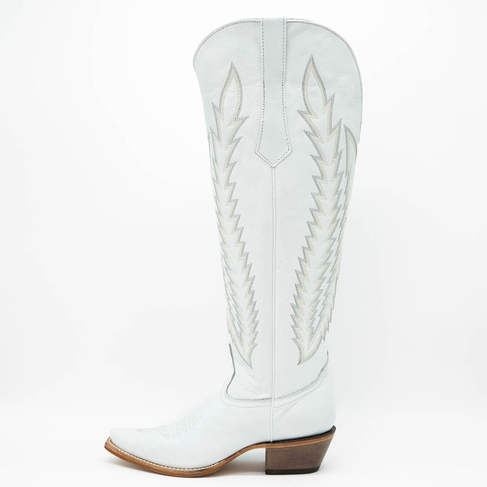 White Pointy Toe Chunky Heel Wide-Calf Embroidered Cowgirl Boots