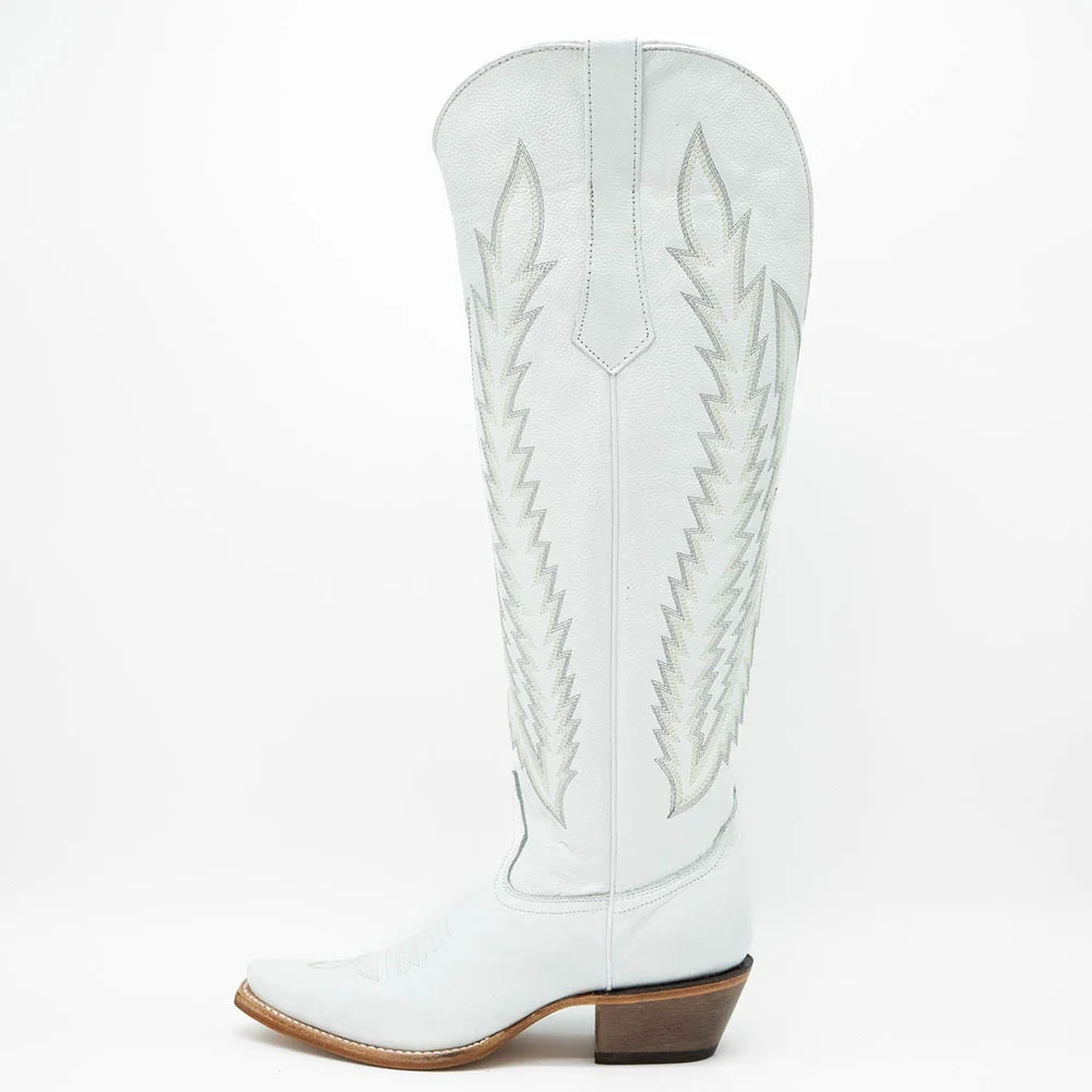 White Pointy Toe Wide-Calf Embroidered Cowgirl Boots with Chunky Heel Nicepairs