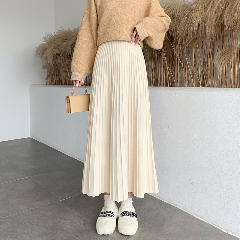 Thick and large swing knitted skirt women's mid-length 2021 new Korean style elegant pleated skirt high waist a-line skirt