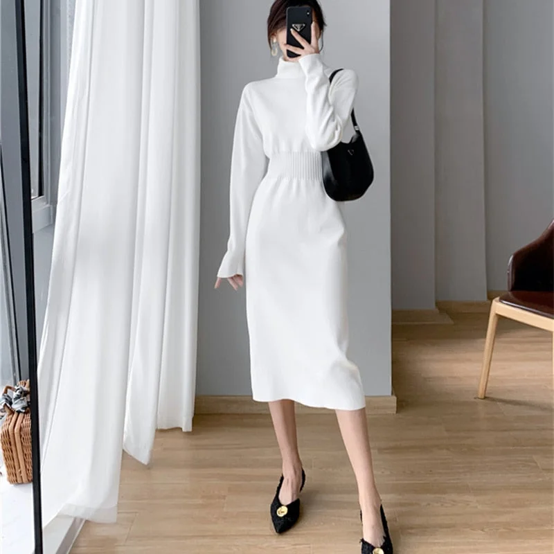 Women's New  Elegant Autumn Winter Turtleneck Basic Knitted Sweater Dress Office Lady Slim Clothes Vestidos