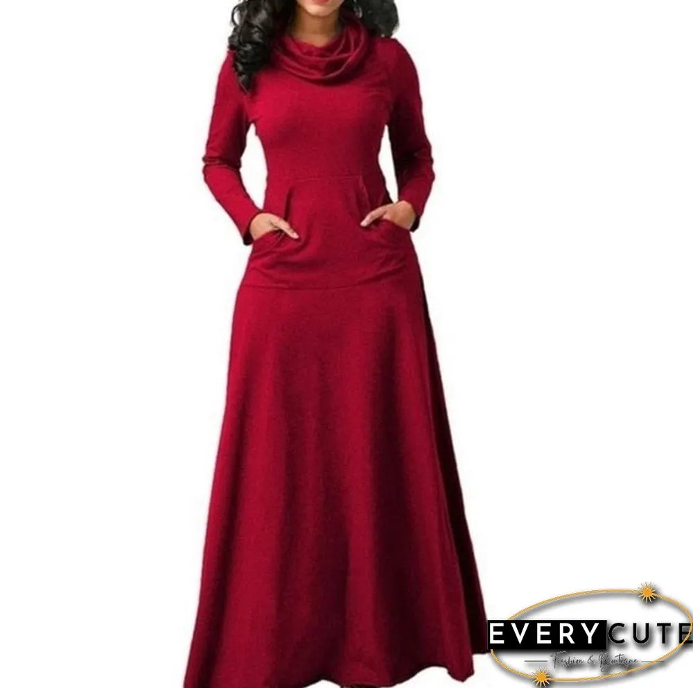 Women Warm Dress With Pocket Casual Solid Vintage Autumn Winter Maxi Dress Robe Bow Neck Long Elegant Dress
