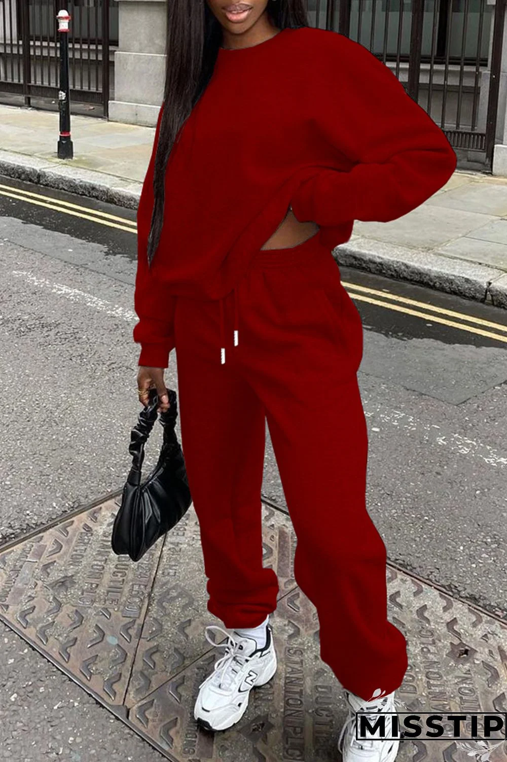 Black Fashion Casual Solid Basic O Neck Long Sleeve Two Pieces