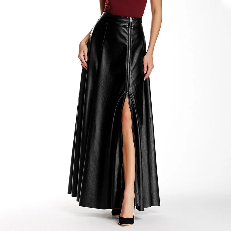 2022 Celmia Autumn Women Sexy Long Skirt PU Leather Split Hem Skirts Fashion High Waist Casual Zipper Party Maxi Skirt Oversized