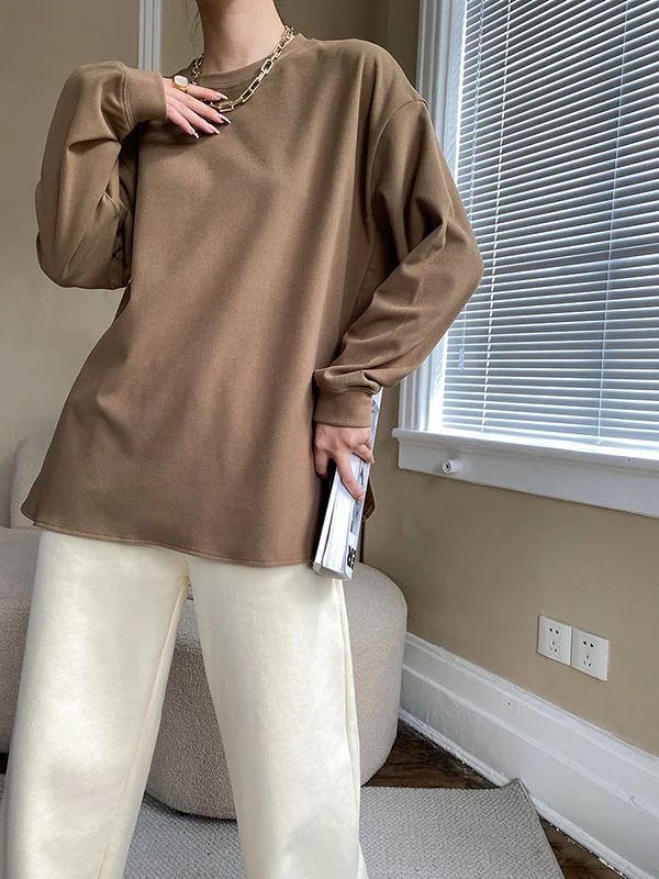 Casual Long Sleeves Loose Solid Color Round-Neck T-Shirts Tops