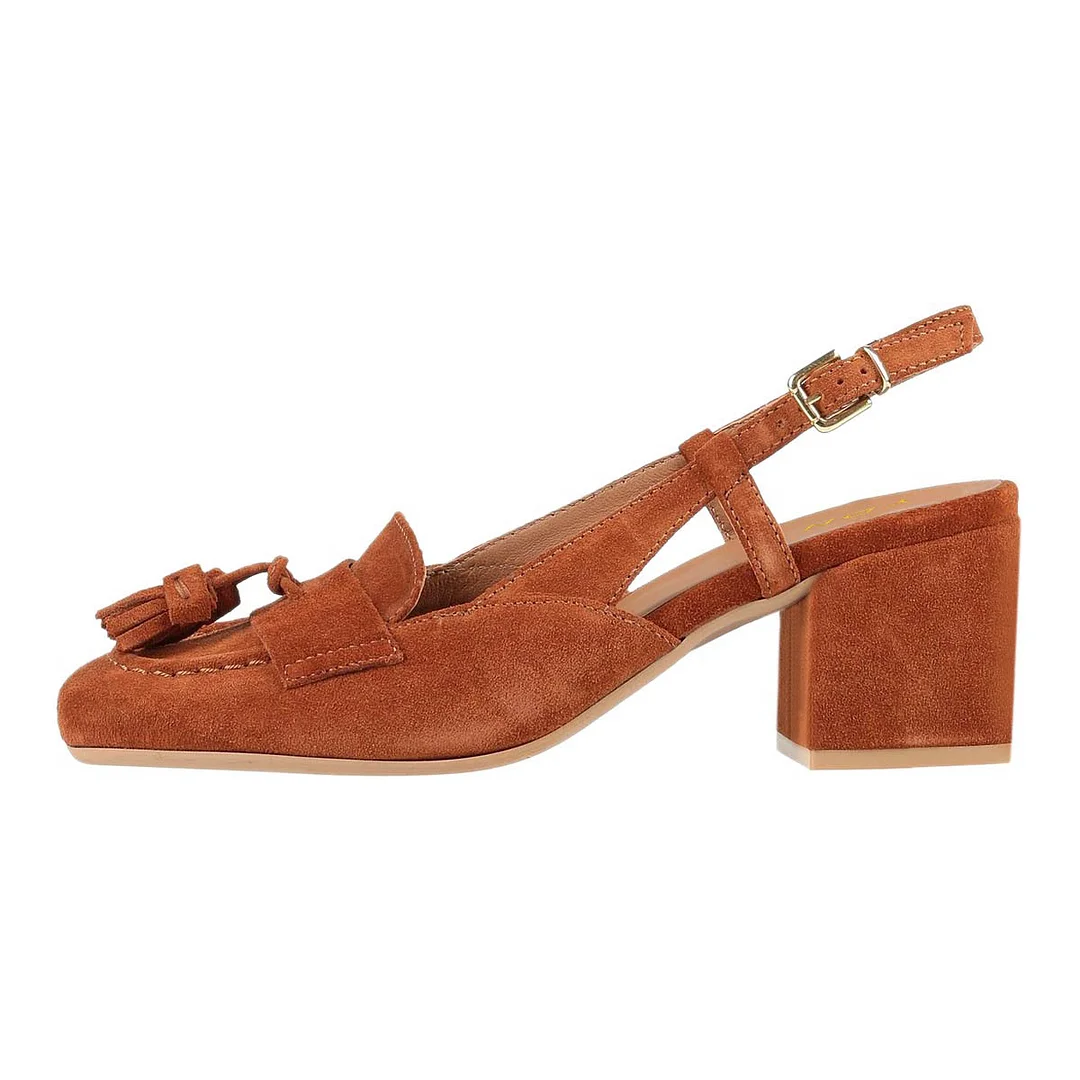 Women's Brown Square Toe Tassel Low Heel Pumps with Slingback
