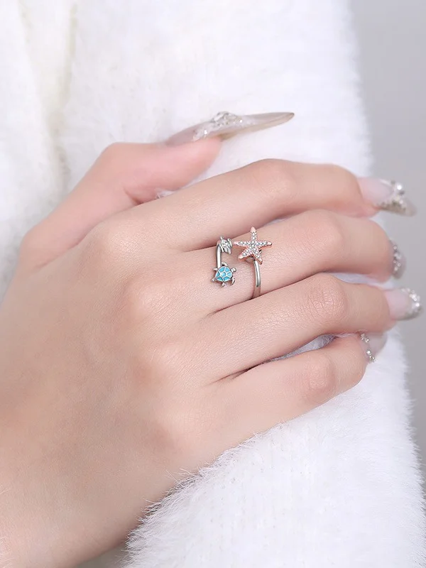 Women's Fashion Rhinestone Turtle Starfish Adjustable Cute Open Ring