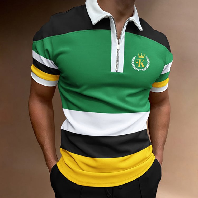 Men's Sports Tops Striped Print Color Matching Short Sleeve Zipper Polo Shirt