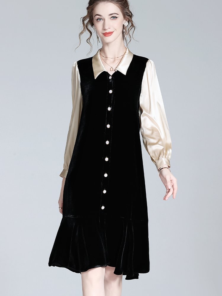 Elegant Long Sleeve Silk Velvet Dress-Real Silk Life