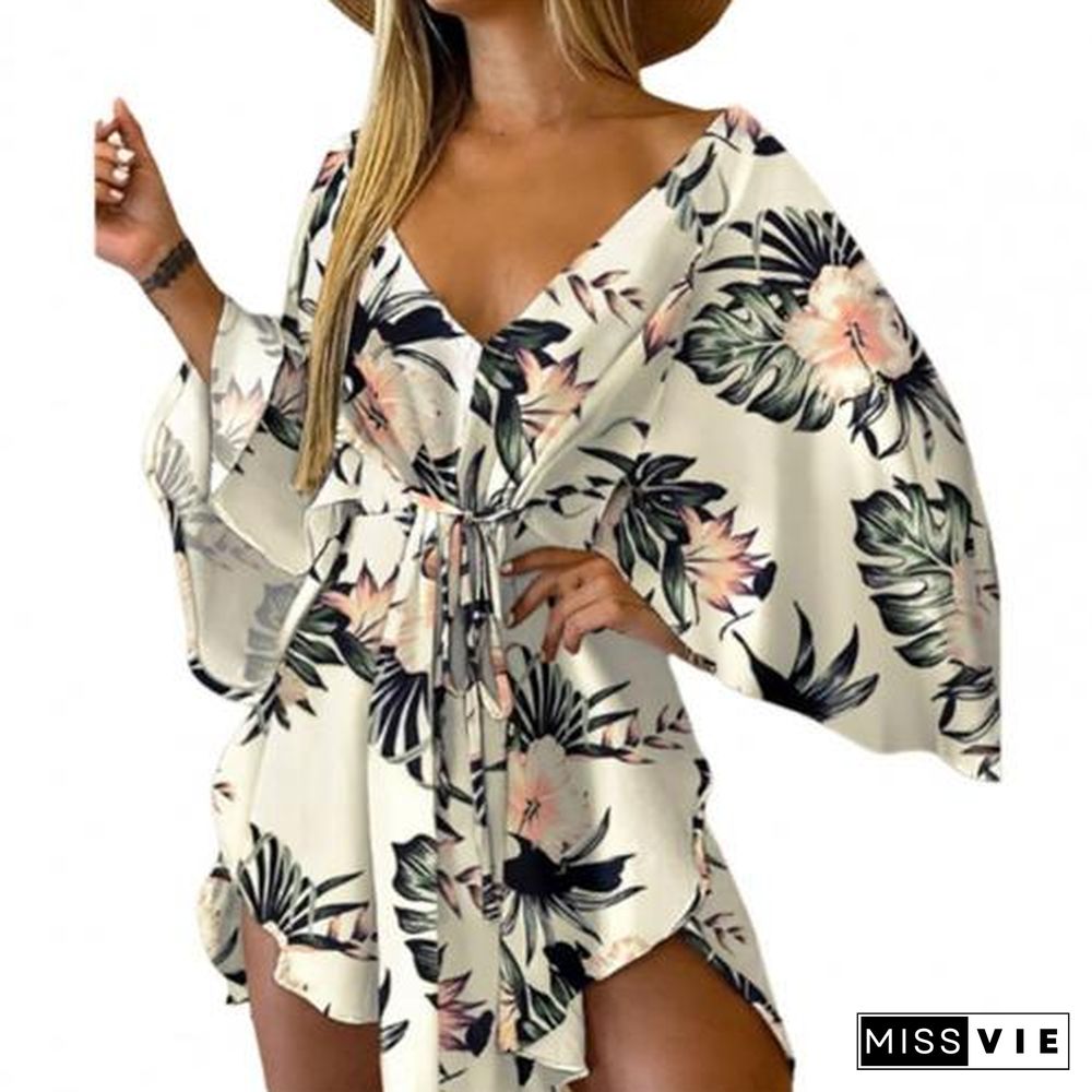 V-Neck Leaf Print Party Women Elegant Lace-Up Waist Casual Irregular Beach dress sexy