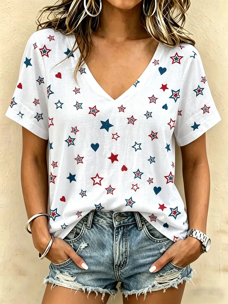 Women's Retro Red White And Blue Star Printed V-Neck Top 