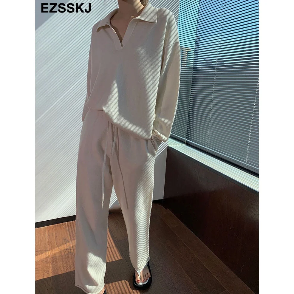 2 Pieces Set Women oversize Tracksuit polo collar Sweater Pullover straight pants Sweater Set CHIC Knitted Outwear sweater suit