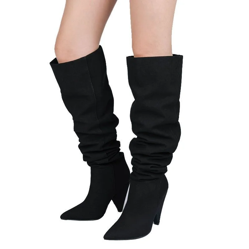 Women's Pointed Toe Knee High Boots Cone Heel Slouch Suede Boots Novameme