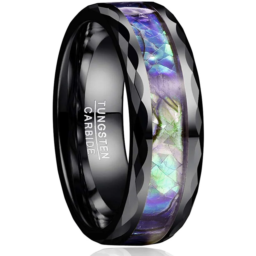 4MM 6MM 8MM 10MM Men Women Black Abalone Shell Tungsten Carbide Rings Unisex Wedding Bands Mens Womens Faceted Edge Comfort Fit Couple Ring