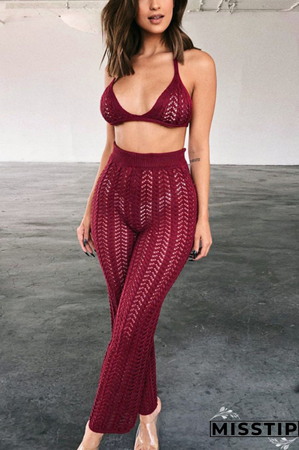 Khaki Sexy Fashion HOLLOWED OUT Solid crop top Bandage Slim fit Two Piece Suits asymmetrical Str