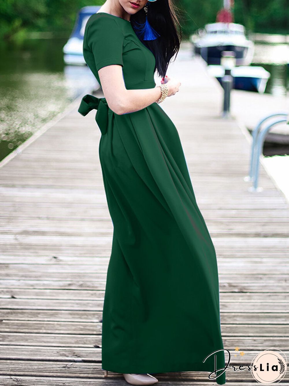 Solid Short Sleeve Pocket Crew Neck Maxi Dress