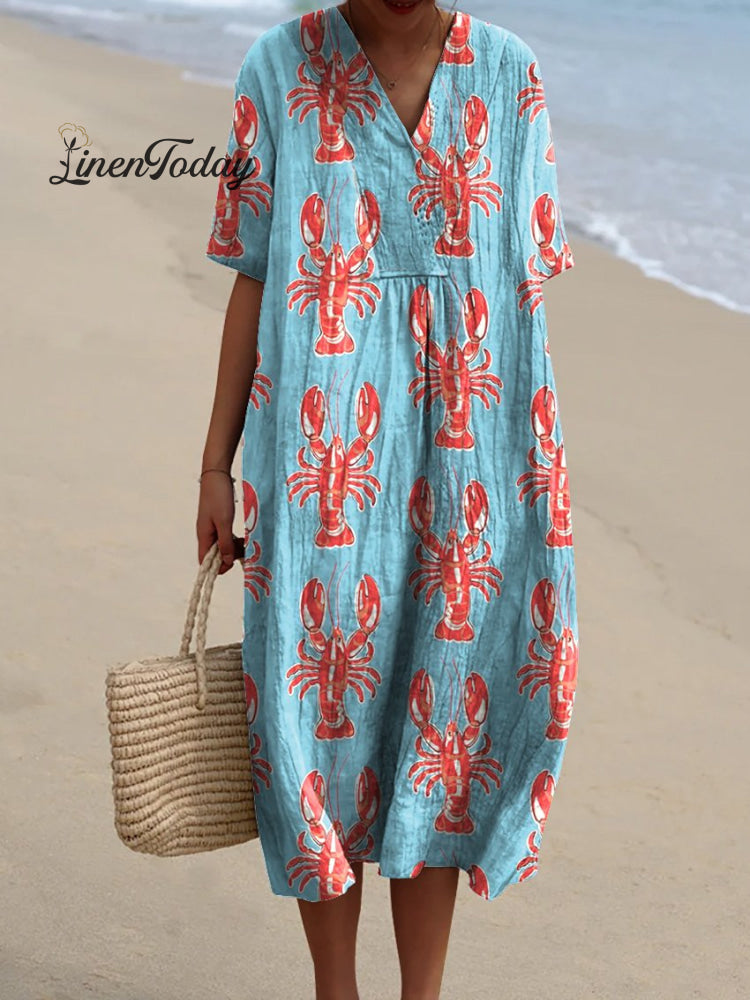 Lobster Repeat Pattern Printed Women&rsquo;s Flowy Dress Multicolor / S