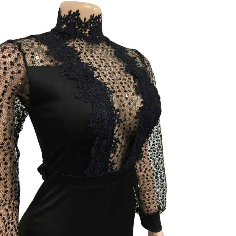 Women's Sexy Lace Mesh Patchwork Sequins Crochet Party Wide Leg Jumpsuits