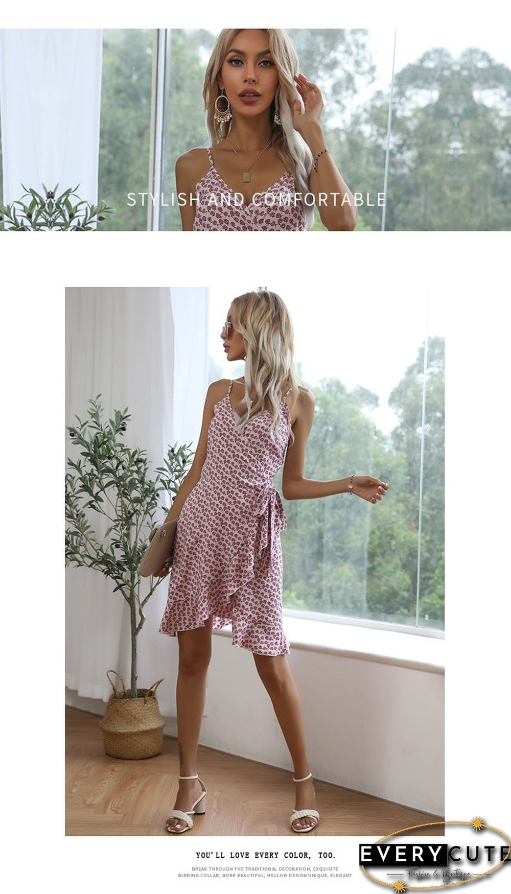 Summer Printing Irregular Ruffled Suspenders Dress Women