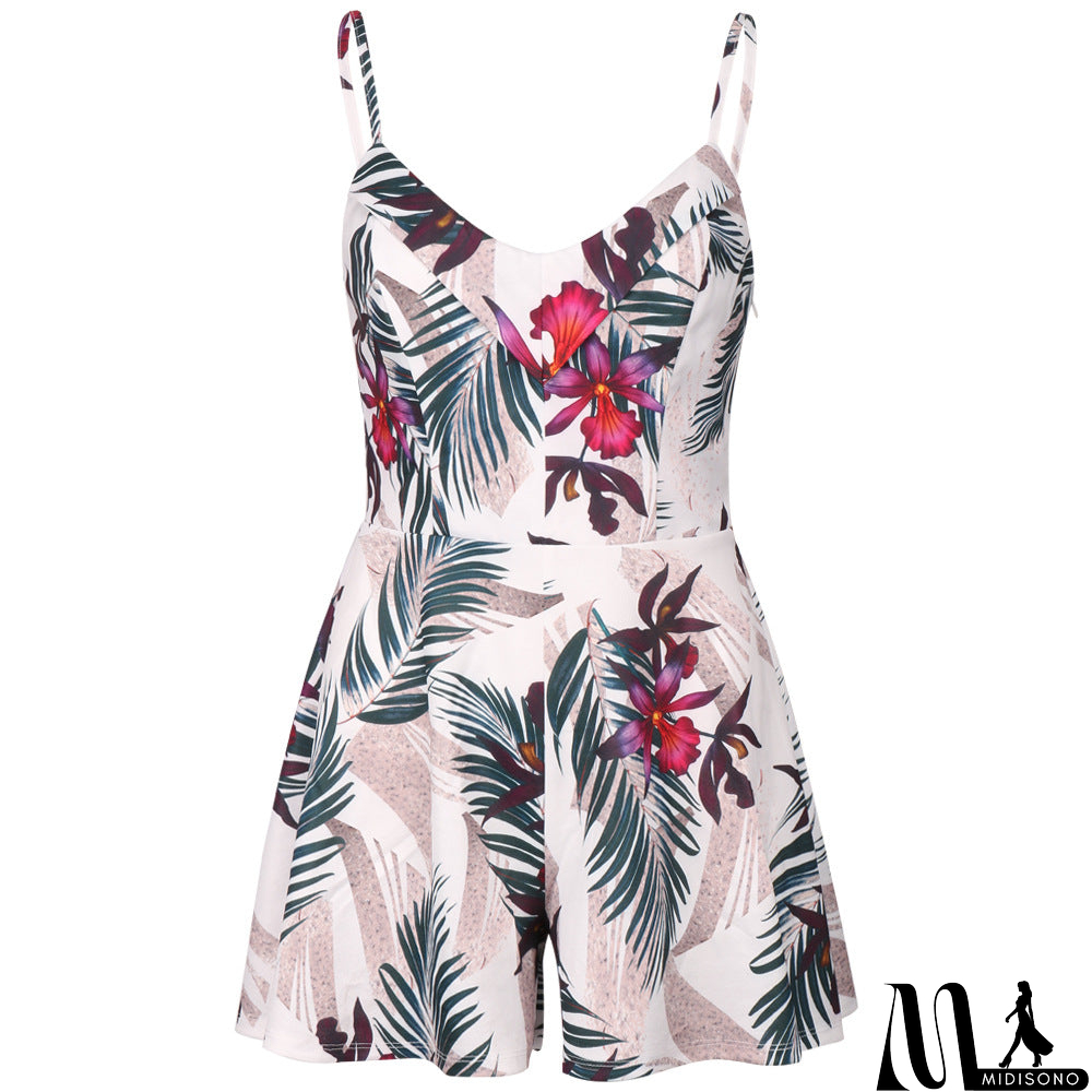 MidiSono - V-Neck Sexy Women Sling Open Back Printed Jumpsuit