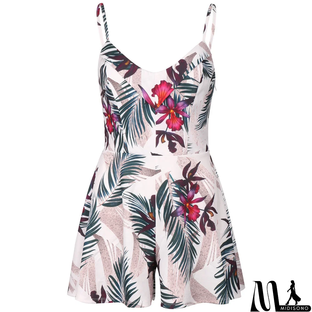 MidiSono - V-Neck Sexy Women Sling Open Back Printed Jumpsuit