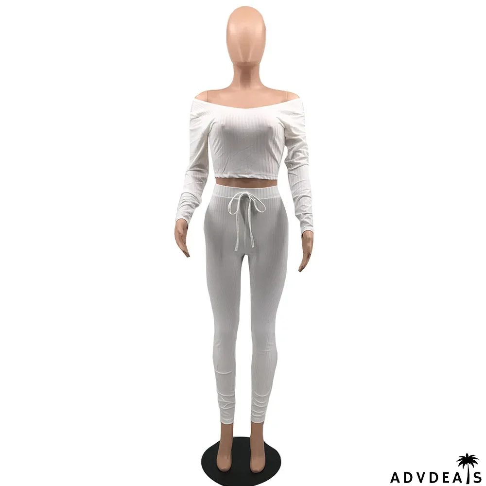 Women's Solid Color Sexy Ribbed V-Neck Two Piece Set