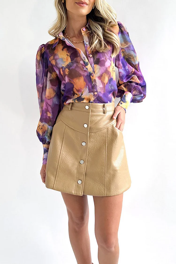 Tie Dye Floral Print Turndown Collar Lantern Sleeve Button Up Blouse