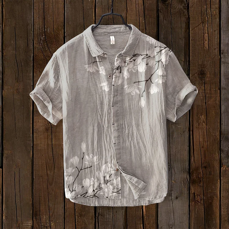 Men's Vintage Japanese Art Magnolia Flower Casual Linen Blend Shirt