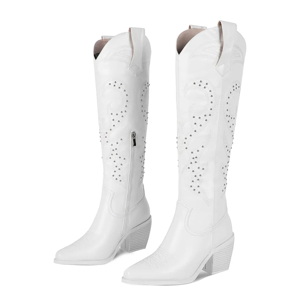 White Pointed Toe Studded Knee High Cowgirl Boots With Chunky Heel Nicepairs