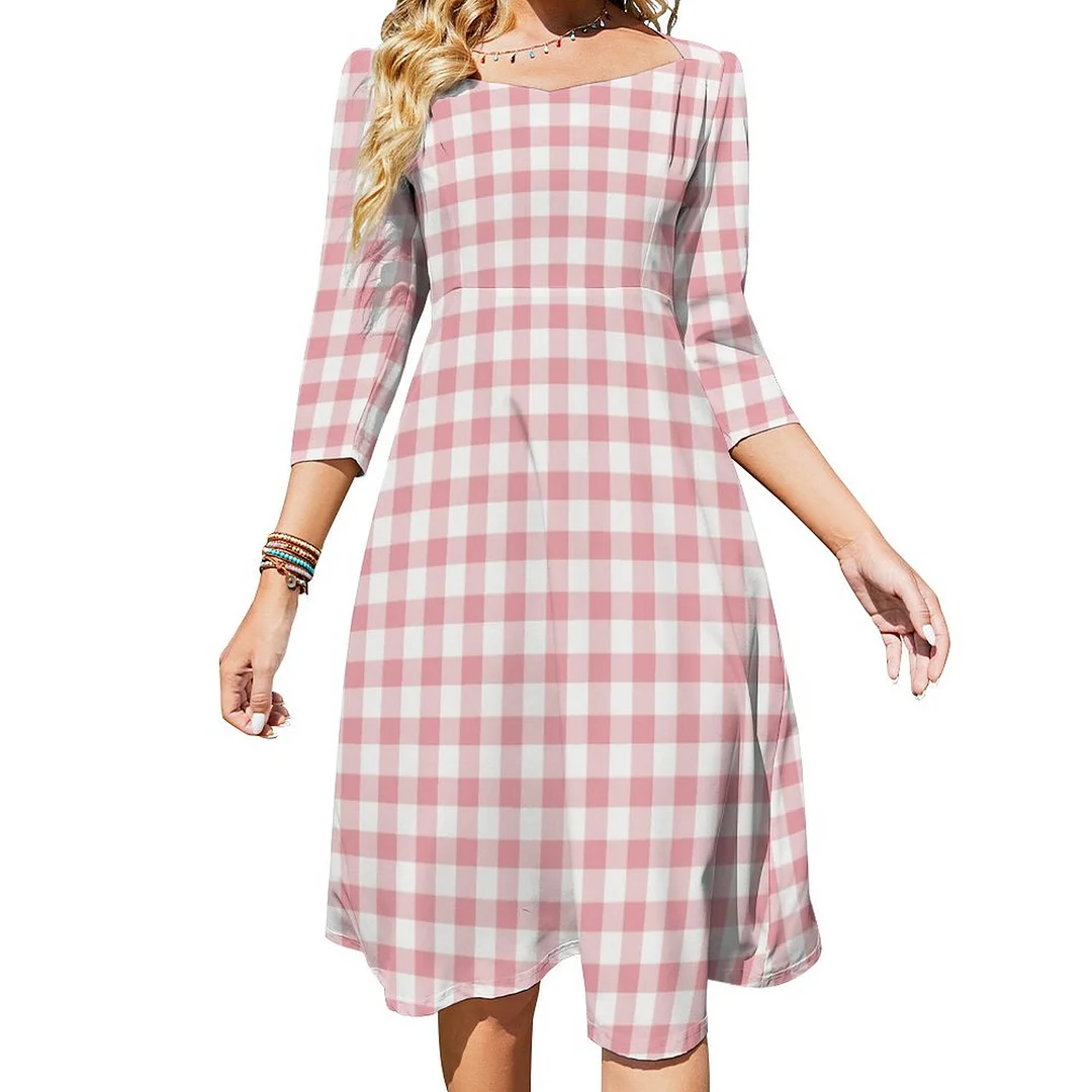 Pink And White Buffalo Plaid Dress Sweetheart Tie Back Flared 3/4 Sleeve Midi Dresses