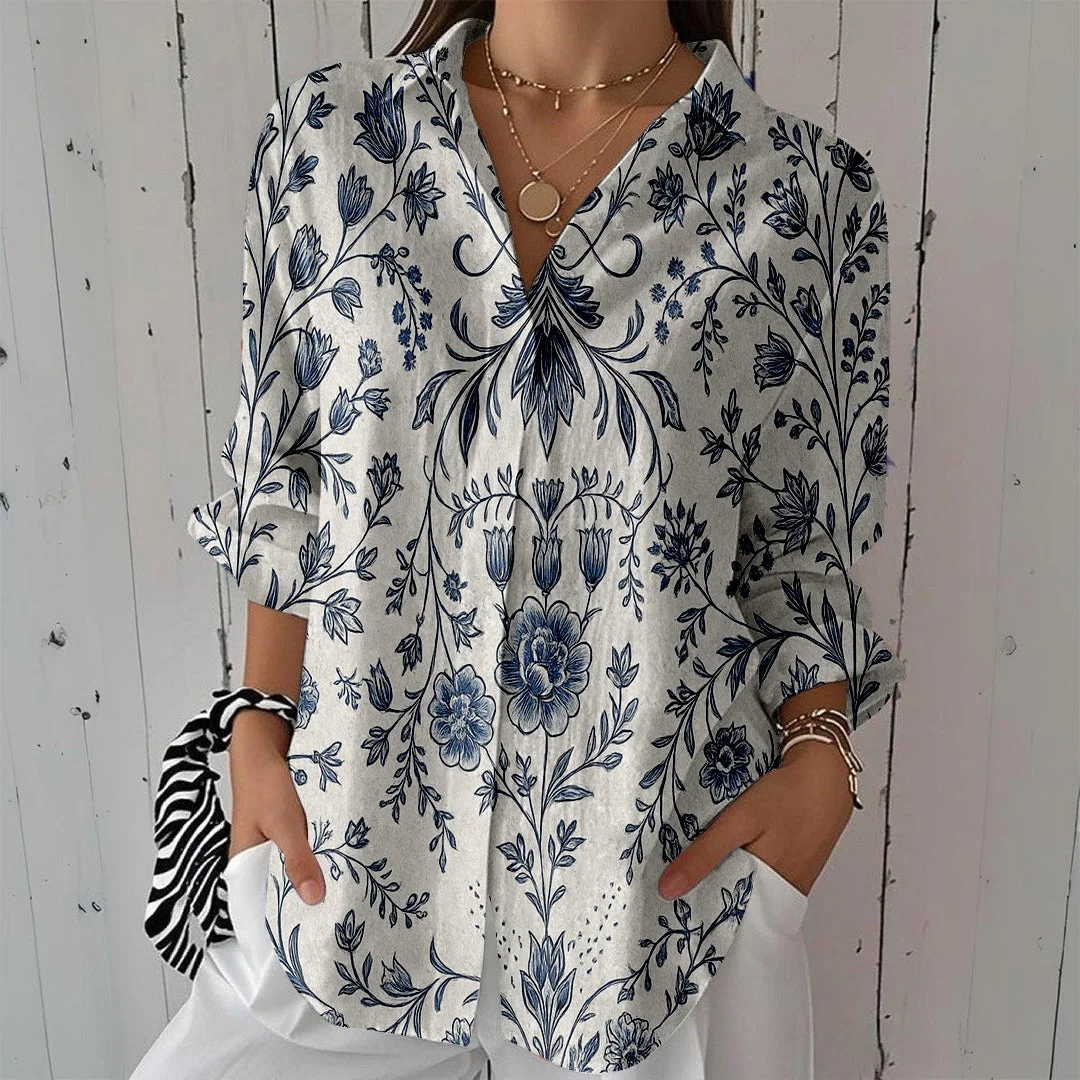 Style & Comfort for Mature Women Women Bohemian,  Beige,  Black DZCL0431 3/4 Sleeve Shirt Collar Printed Button Tops