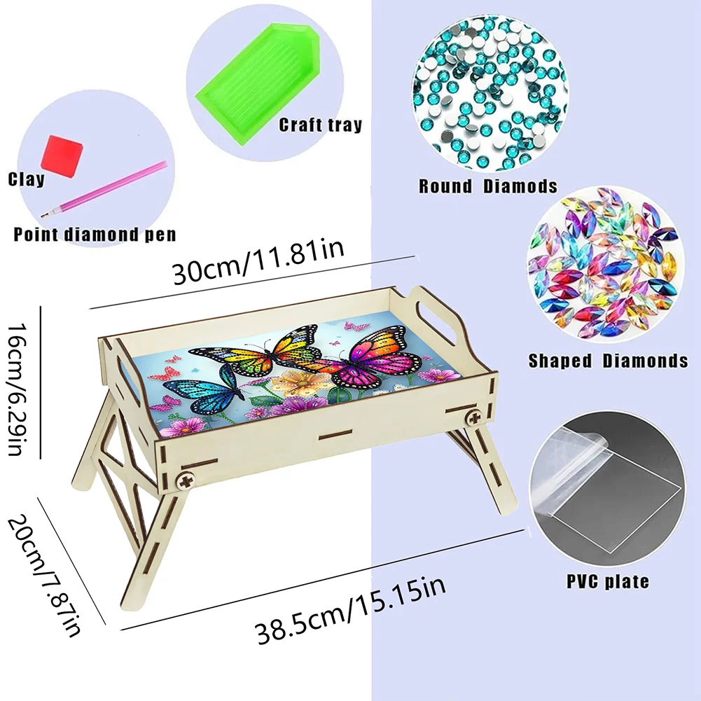 DIY Diamond Painted Dining Plate with Handle Wooden Food Tray Home Decor Gift