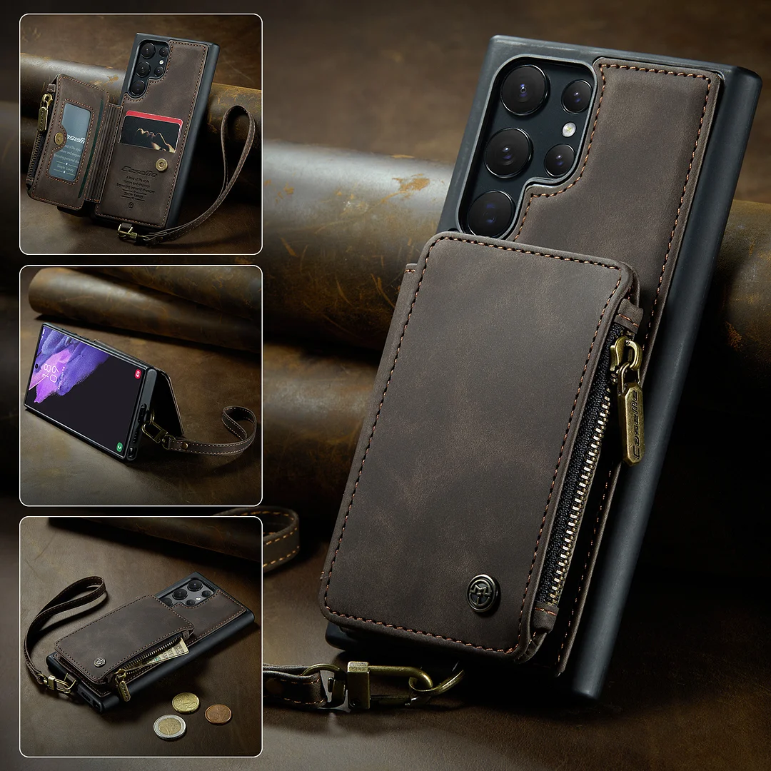 Luxury Retro Leather Wallet Phone Case With 3 Cards Slot,Phone Stand,Zipper Slot And Lanyard For Galaxy S22/S22+/S22 Ultra/S23/S23+/S23 Ultra